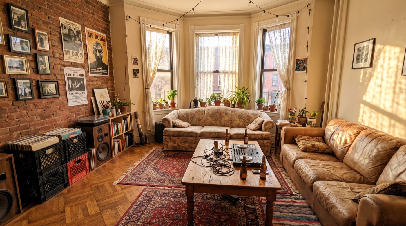 The roommates' shared living room: thrifted couches, records, a DJ controller, and warm Brooklyn light.